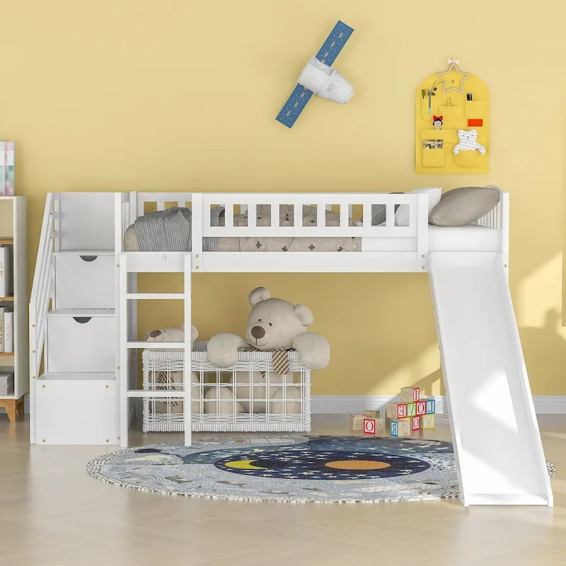 Letto a soppalco Twin con scala, due cassetti e scivolo
