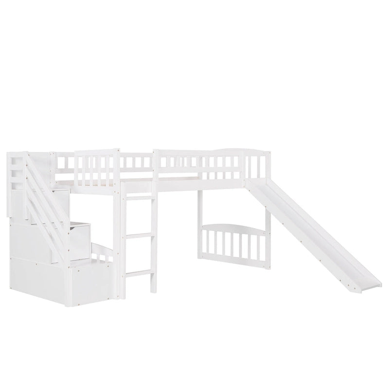 Cama alta tamaño Twin con escalera, dos cajones y tobogán
