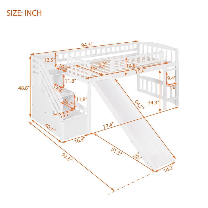 Cama alta tamaño Twin con escalera, dos cajones y tobogán