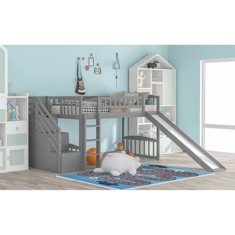 Cama alta tamaño Twin con escalera, dos cajones y tobogán
