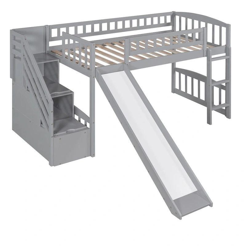 Cama alta tamaño Twin con escalera, dos cajones y tobogán