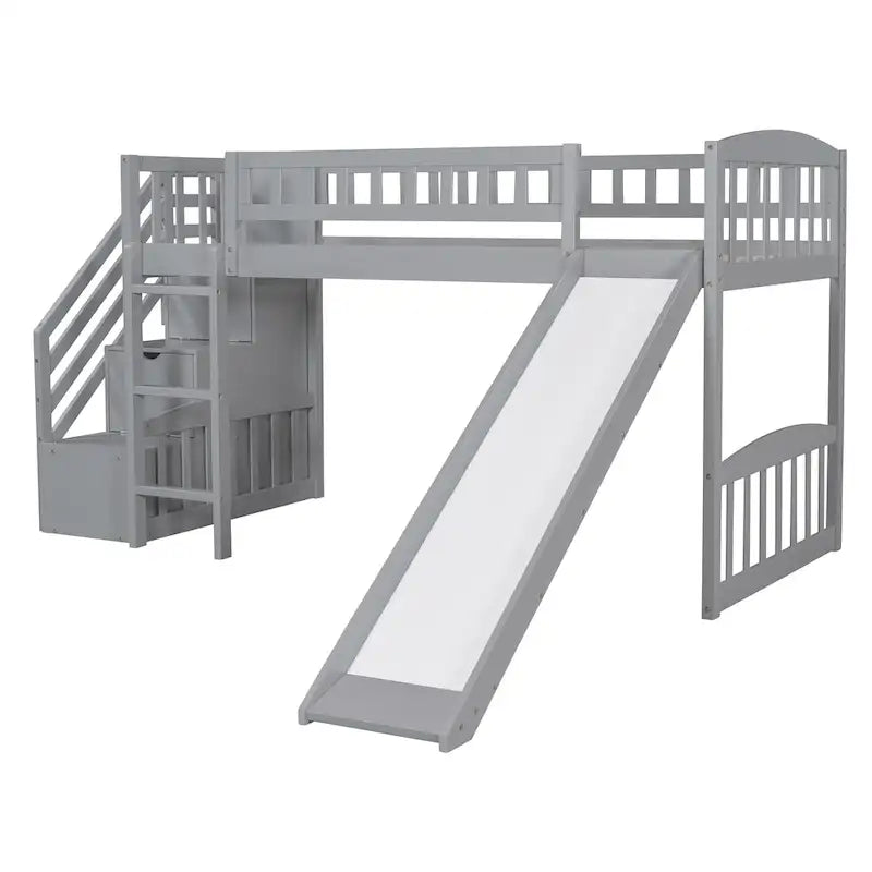 Cama alta tamaño Twin con escalera, dos cajones y tobogán