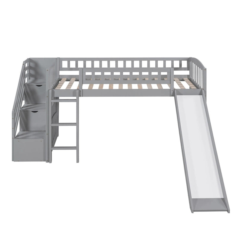 Cama alta tamaño Twin con escalera, dos cajones y tobogán