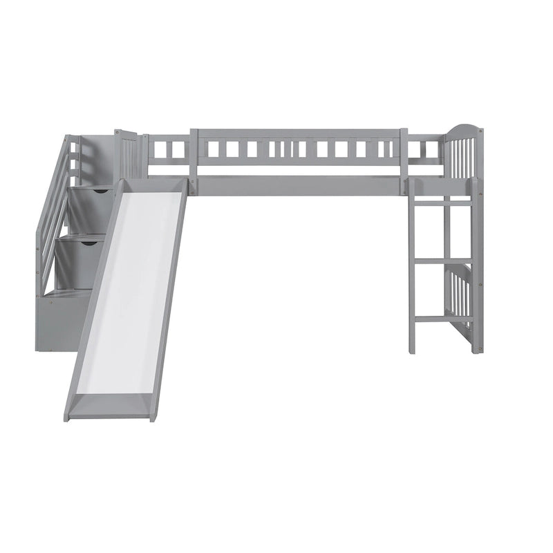 Cama alta tamaño Twin con escalera, dos cajones y tobogán