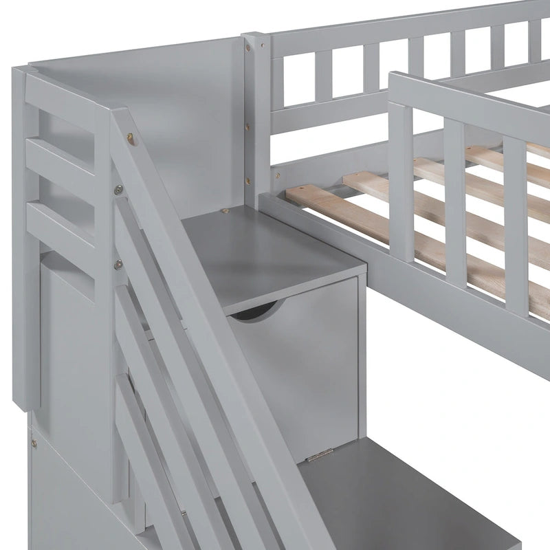 Cama alta tamaño Twin con escalera, dos cajones y tobogán