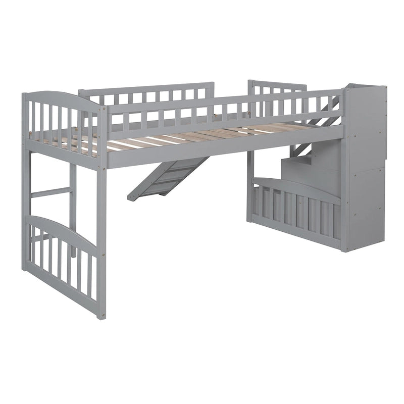 Cama alta tamaño Twin con escalera, dos cajones y tobogán