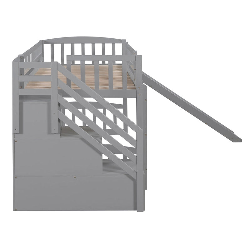 Cama alta tamaño Twin con escalera, dos cajones y tobogán