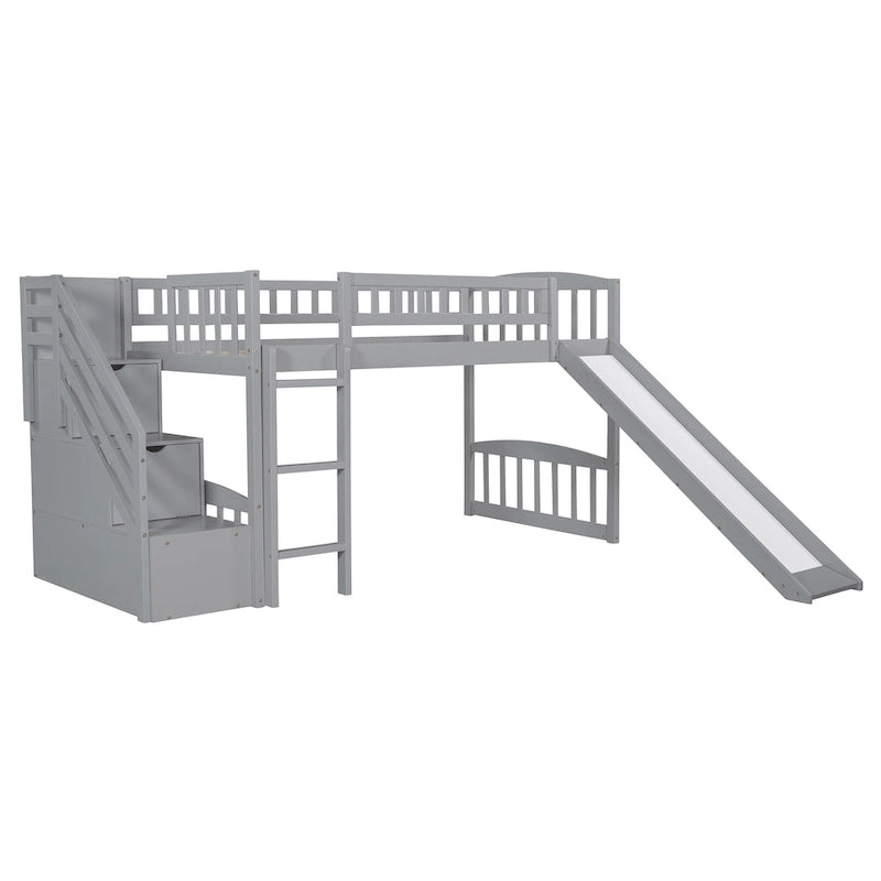 Cama alta tamaño Twin con escalera, dos cajones y tobogán