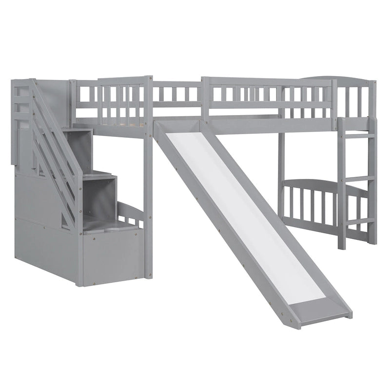 Cama alta tamaño Twin con escalera, dos cajones y tobogán