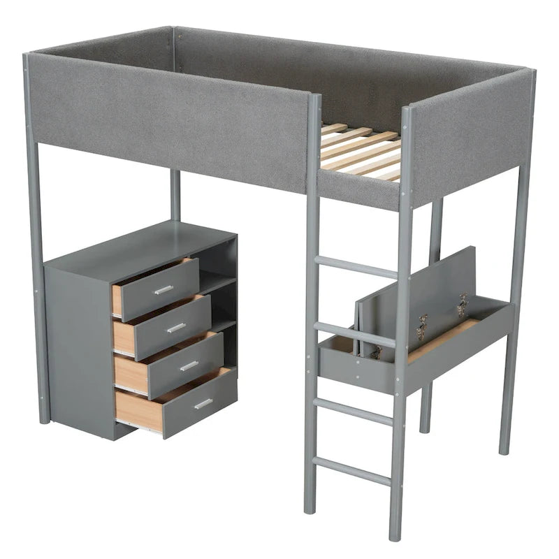 Letto a soppalco singolo in legno con tessuto effetto peluche Teddy