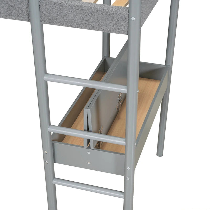 Letto a soppalco singolo in legno con tessuto effetto peluche Teddy