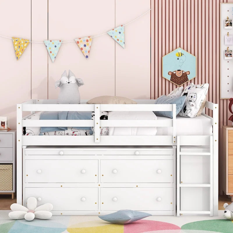 Full Size Loft Bed with Retractable Writing Desk and 4 Drawers, Wooden Loft Bed with Lateral Portable Desk and Shelves
