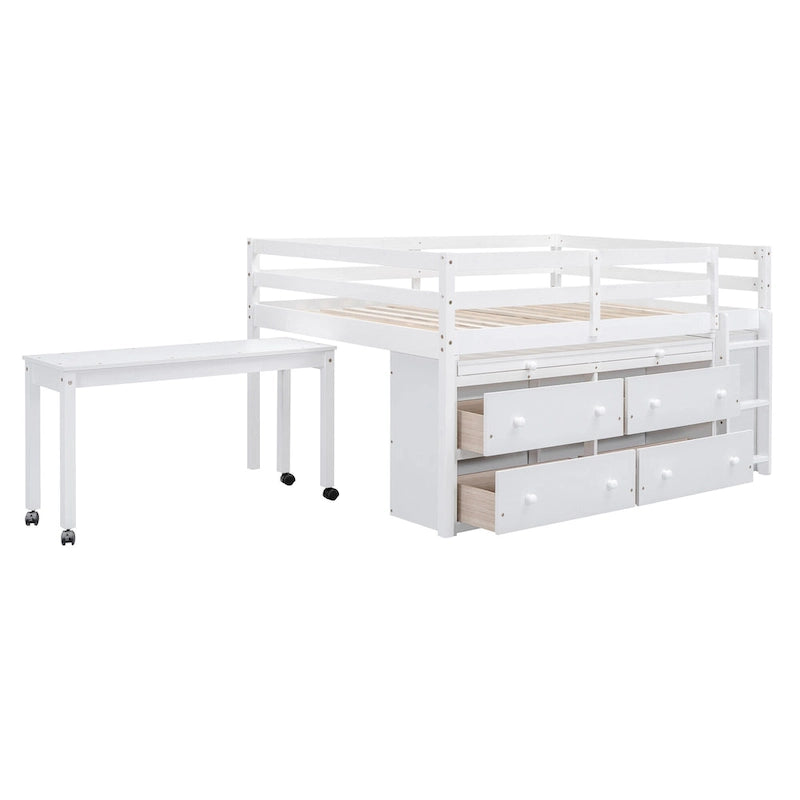 Full Size Loft Bed with Retractable Writing Desk and 4 Drawers, Wooden Loft Bed with Lateral Portable Desk and Shelves