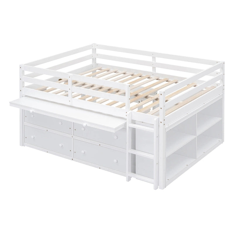 Full Size Loft Bed with Retractable Writing Desk and 4 Drawers, Wooden Loft Bed with Lateral Portable Desk and Shelves