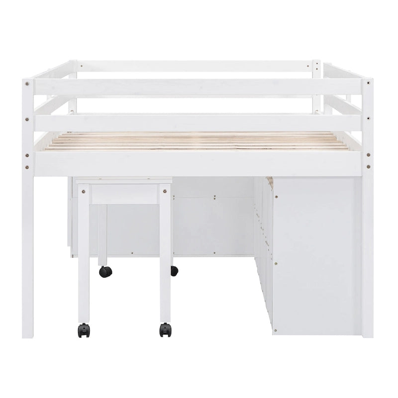 Full Size Loft Bed with Retractable Writing Desk and 4 Drawers, Wooden Loft Bed with Lateral Portable Desk and Shelves