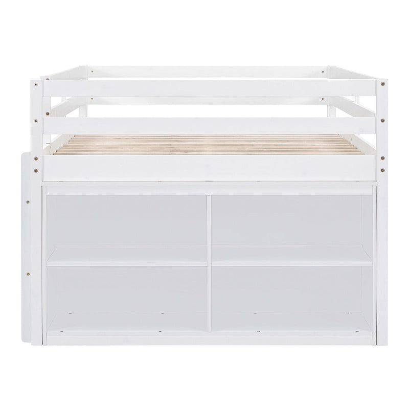Full Size Loft Bed with Retractable Writing Desk and 4 Drawers, Wooden Loft Bed with Lateral Portable Desk and Shelves