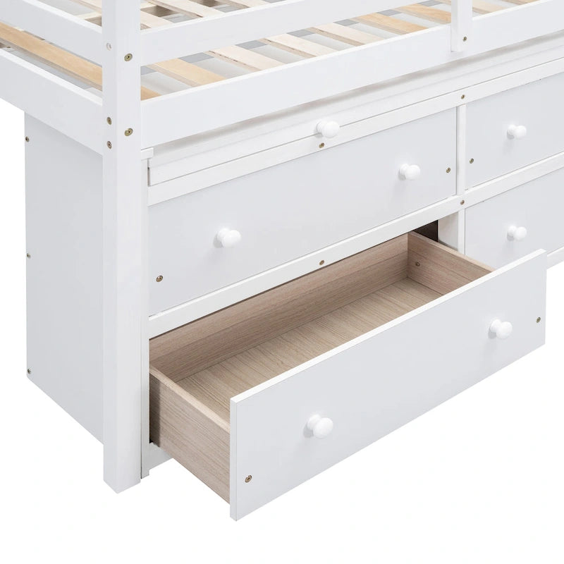 Full Size Loft Bed with Retractable Writing Desk and 4 Drawers, Wooden Loft Bed with Lateral Portable Desk and Shelves
