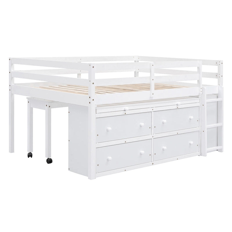 Full Size Loft Bed with Retractable Writing Desk and 4 Drawers, Wooden Loft Bed with Lateral Portable Desk and Shelves