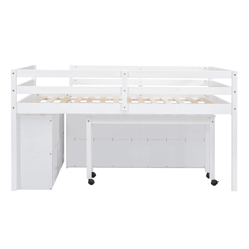 Full Size Loft Bed with Retractable Writing Desk and 4 Drawers, Wooden Loft Bed with Lateral Portable Desk and Shelves