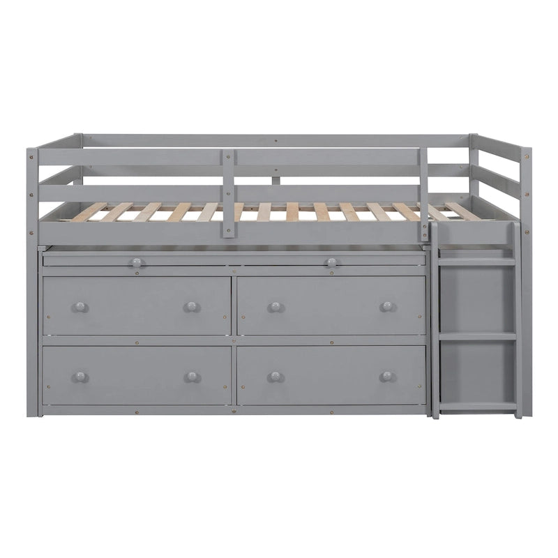 Full Size Loft Bed with Retractable Writing Desk and 4 Drawers, Wooden Loft Bed with Lateral Portable Desk and Shelves
