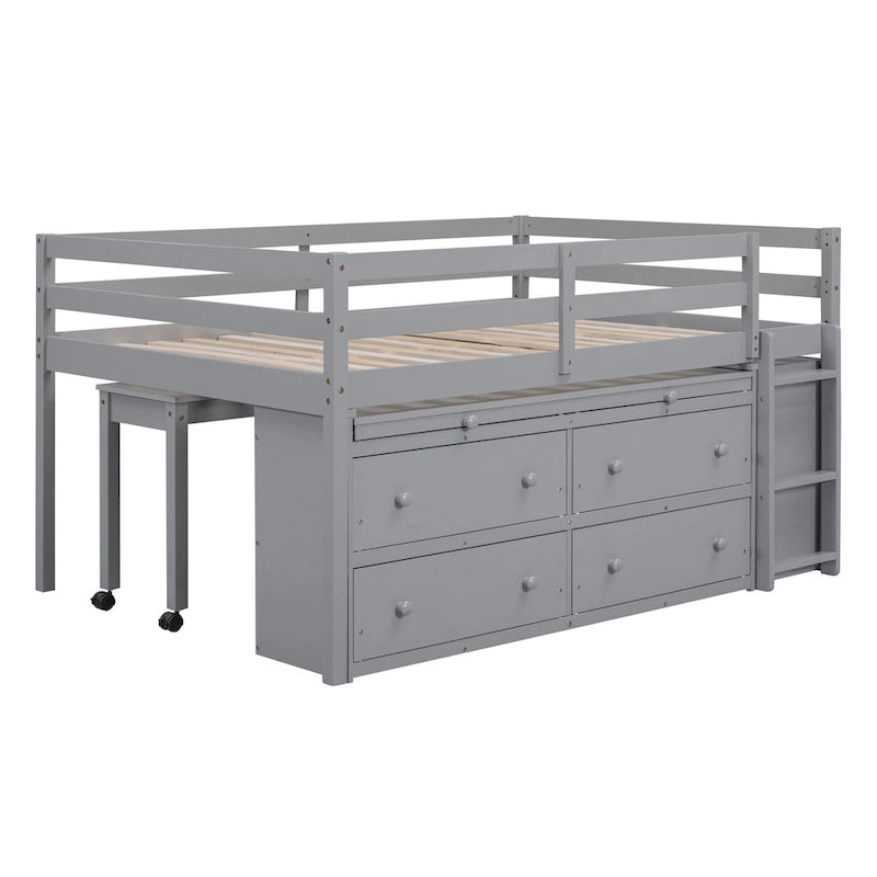 Full Size Loft Bed with Retractable Writing Desk and 4 Drawers, Wooden Loft Bed with Lateral Portable Desk and Shelves