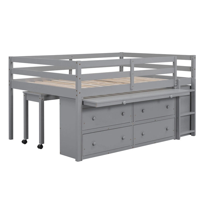 Full Size Loft Bed with Retractable Writing Desk and 4 Drawers, Wooden Loft Bed with Lateral Portable Desk and Shelves