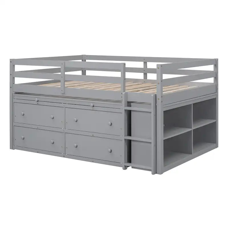 Full Size Loft Bed with Retractable Writing Desk and 4 Drawers, Wooden Loft Bed with Lateral Portable Desk and Shelves