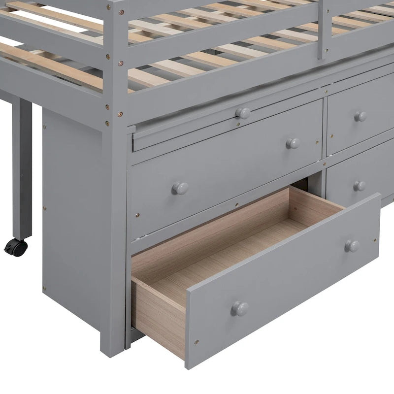 Full Size Loft Bed with Retractable Writing Desk and 4 Drawers, Wooden Loft Bed with Lateral Portable Desk and Shelves