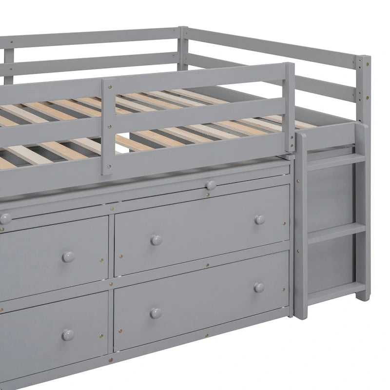 Full Size Loft Bed with Retractable Writing Desk and 4 Drawers, Wooden Loft Bed with Lateral Portable Desk and Shelves