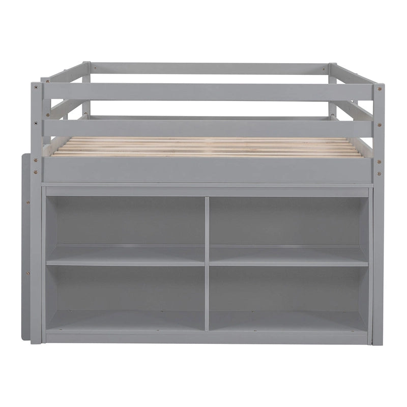Full Size Loft Bed with Retractable Writing Desk and 4 Drawers, Wooden Loft Bed with Lateral Portable Desk and Shelves