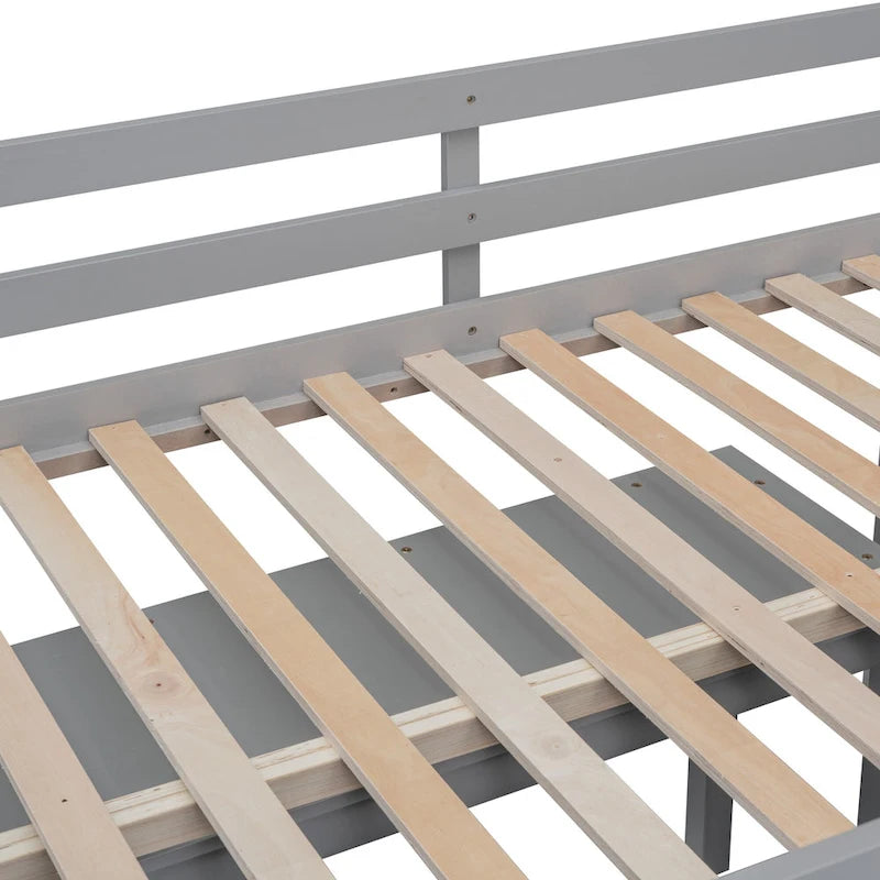 Full Size Loft Bed with Retractable Writing Desk and 4 Drawers, Wooden Loft Bed with Lateral Portable Desk and Shelves
