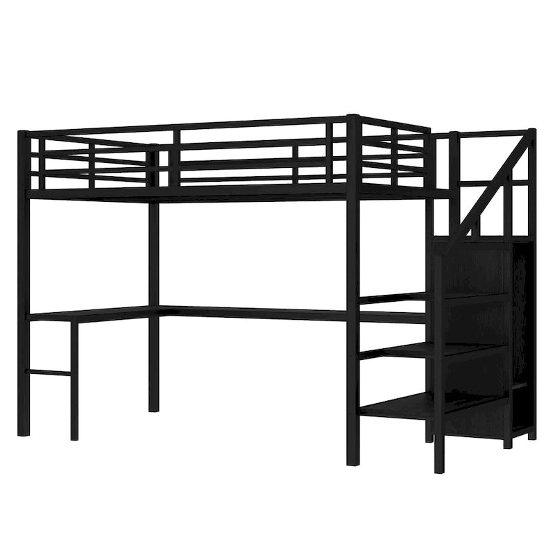 Full Size Loft Bed with L-shaped Desk and USB