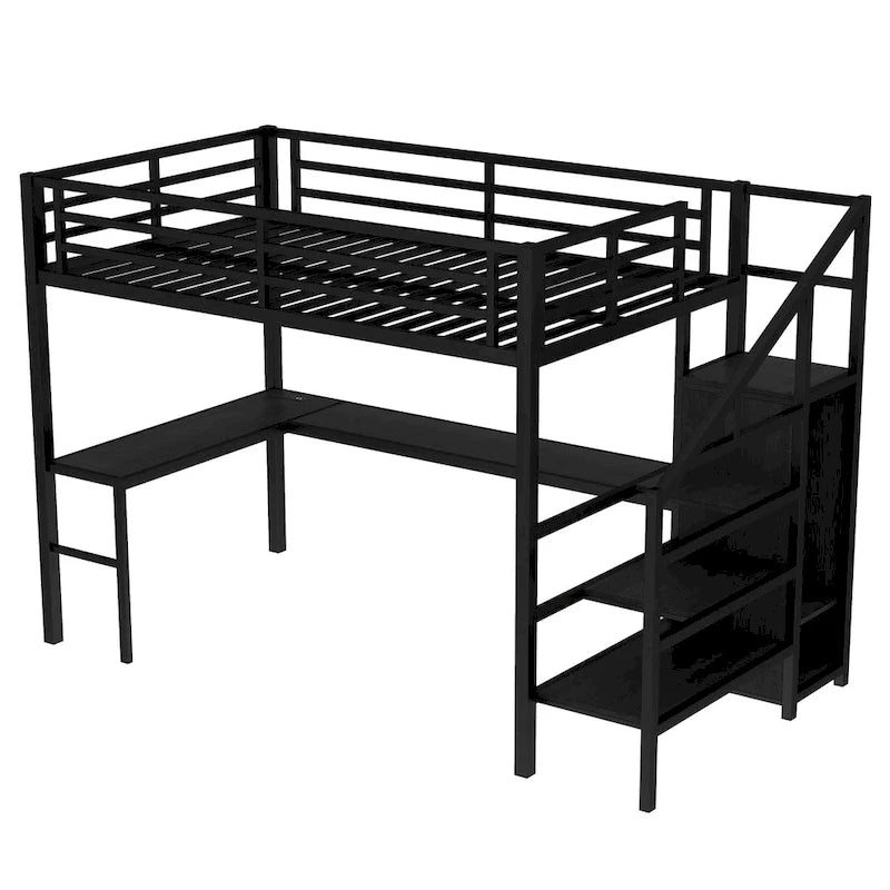 Full Size Loft Bed with L-shaped Desk and USB