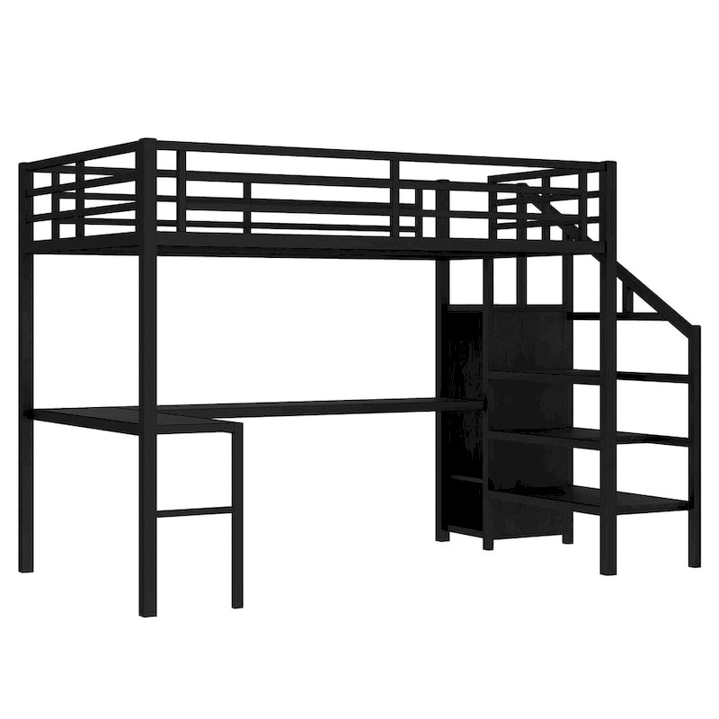 Full Size Loft Bed with L-shaped Desk and USB