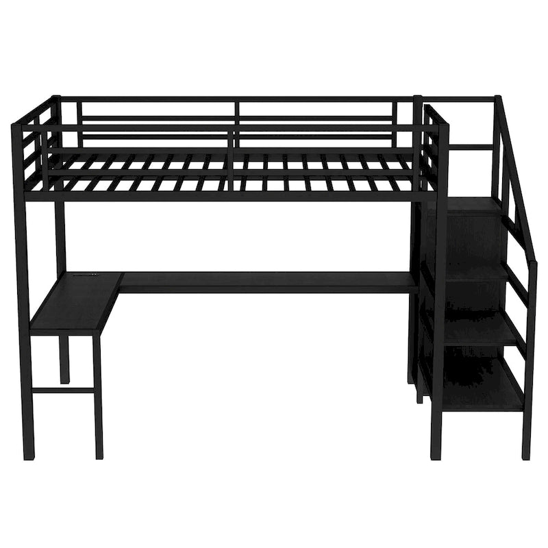 Full Size Loft Bed with L-shaped Desk and USB