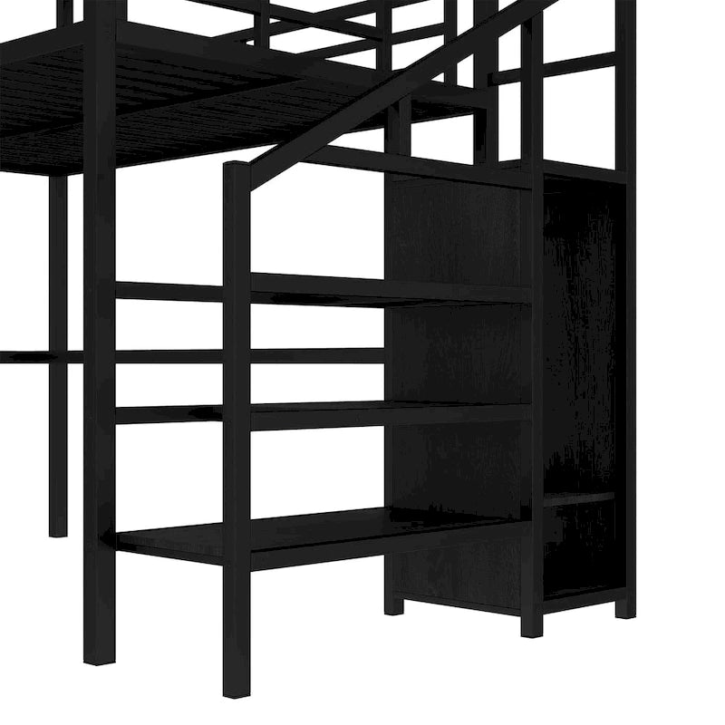 Full Size Loft Bed with L-shaped Desk and USB