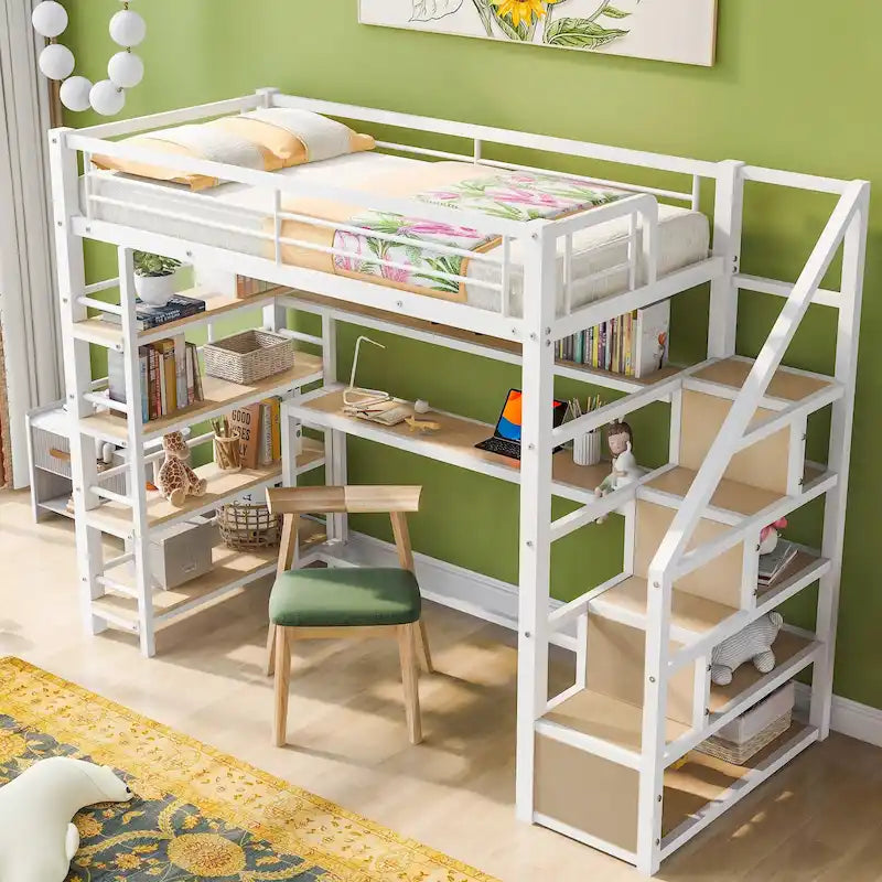 Lit mezzanine simple en métal avec escalier, bureau intégré et étagères de rangement