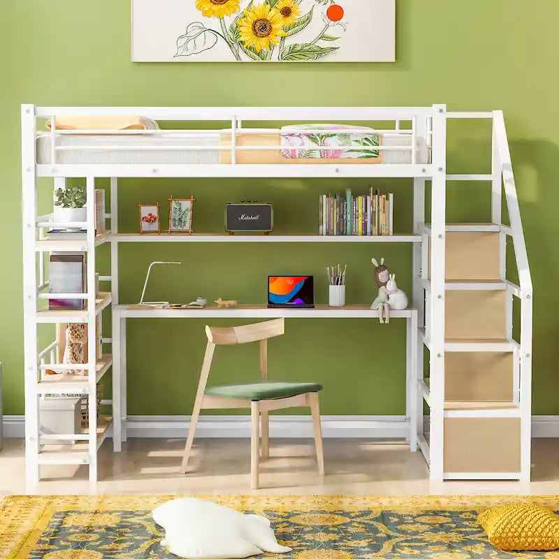 Twin Size Metal Loft bed w/Staircase, Built-in Desk, Storage Shelves