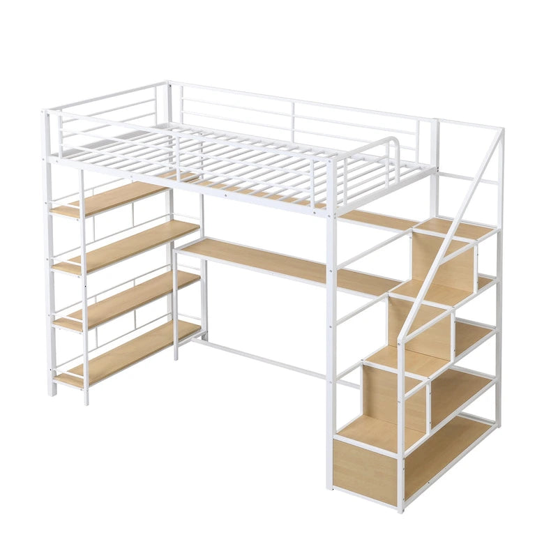 Twin Size Metal Loft bed w/Staircase, Built-in Desk, Storage Shelves