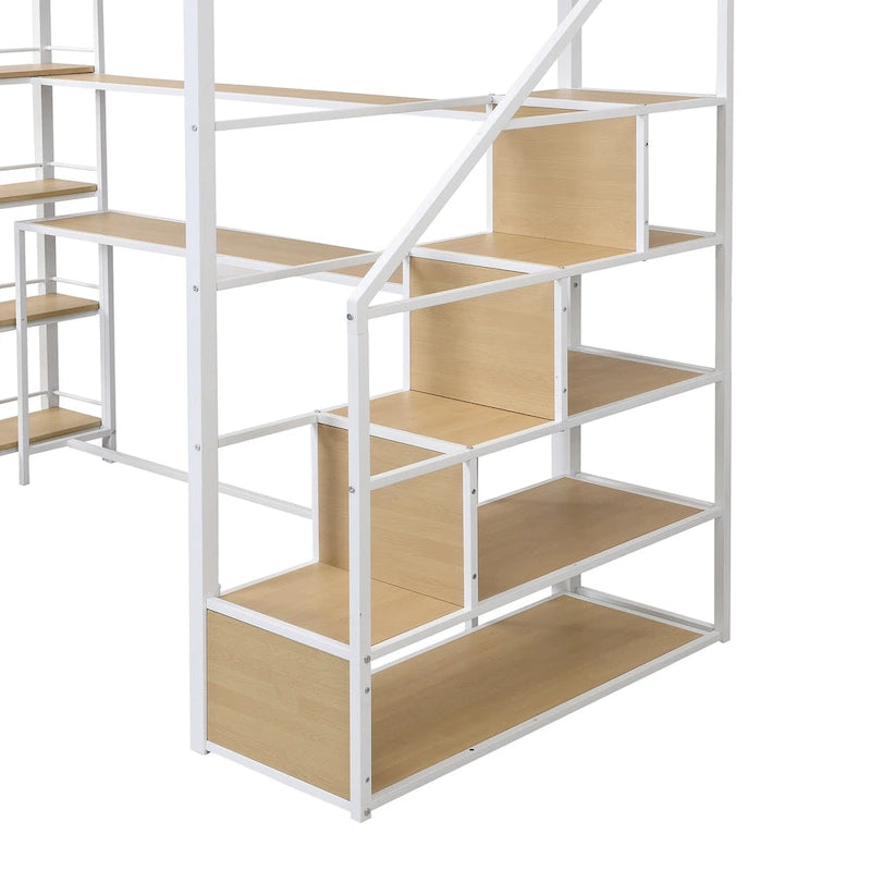 Twin Size Metal Loft bed w/Staircase, Built-in Desk, Storage Shelves