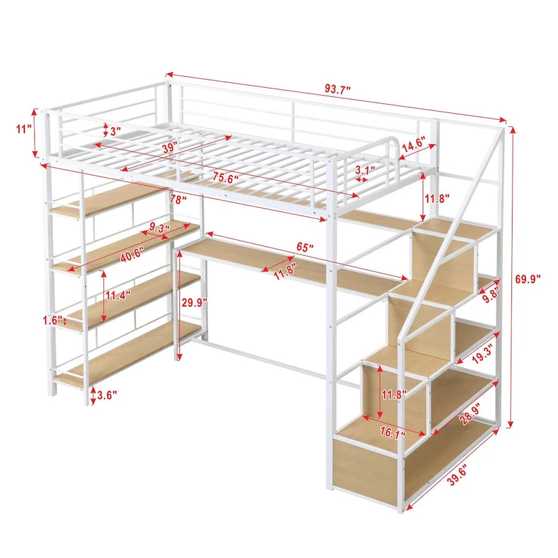 Lit mezzanine simple en métal avec escalier, bureau intégré et étagères de rangement