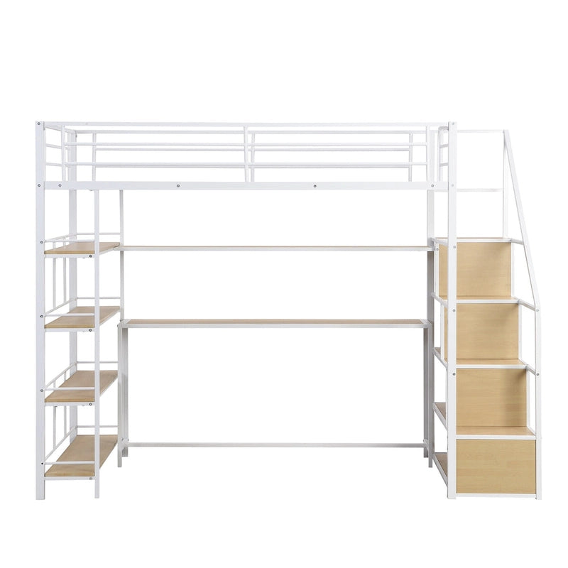 Lit mezzanine simple en métal avec escalier, bureau intégré et étagères de rangement