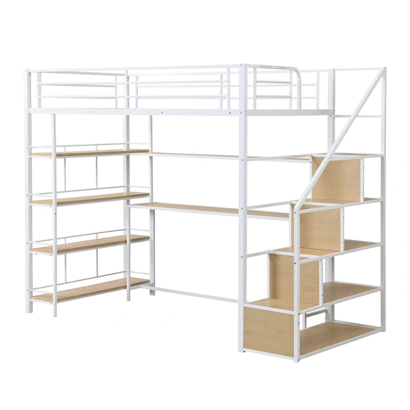 Lit mezzanine simple en métal avec escalier, bureau intégré et étagères de rangement