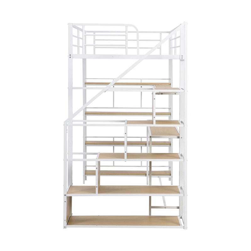 Lit mezzanine simple en métal avec escalier, bureau intégré et étagères de rangement