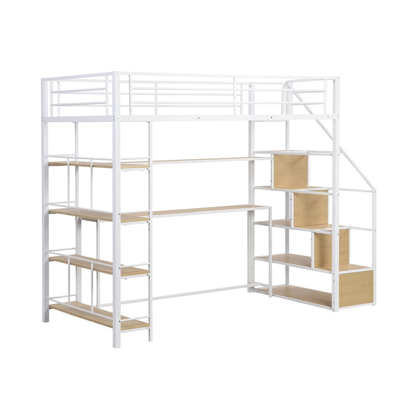 Lit mezzanine simple en métal avec escalier, bureau intégré et étagères de rangement