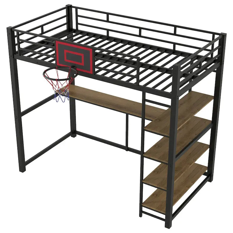 Letto a soppalco singolo in metallo con mensole, scrivania e canestro da basket
