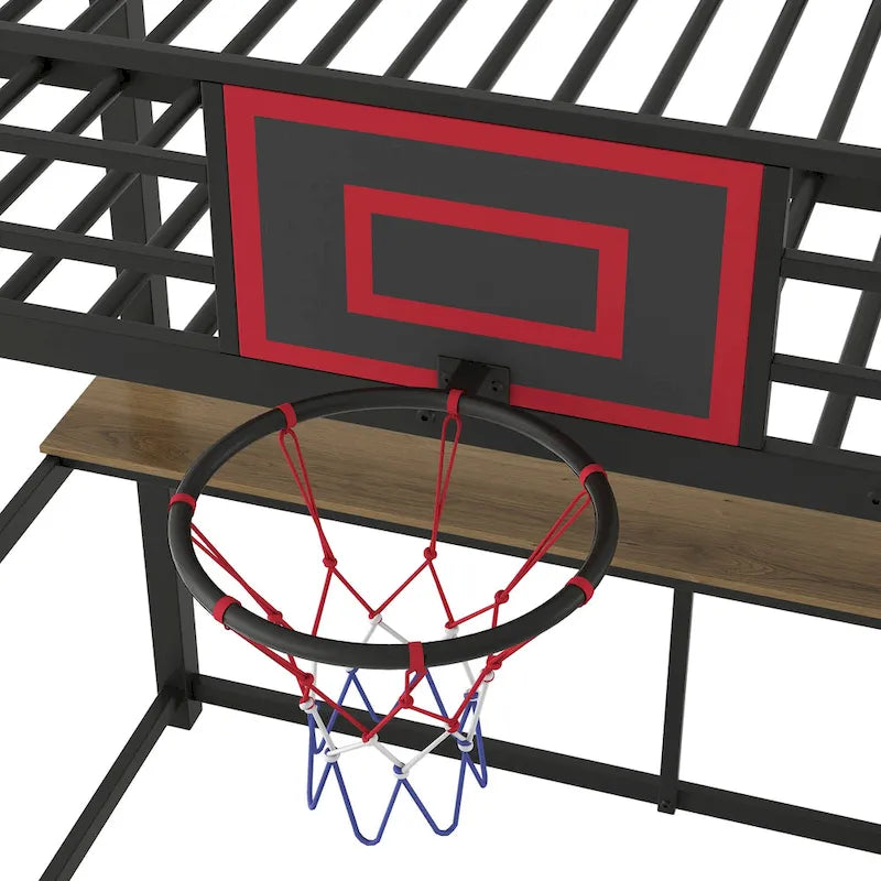 Letto a soppalco singolo in metallo con mensole, scrivania e canestro da basket