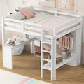Full Size Loft Bed with L-shaped Desk, Wardrobe and Storage Shelves