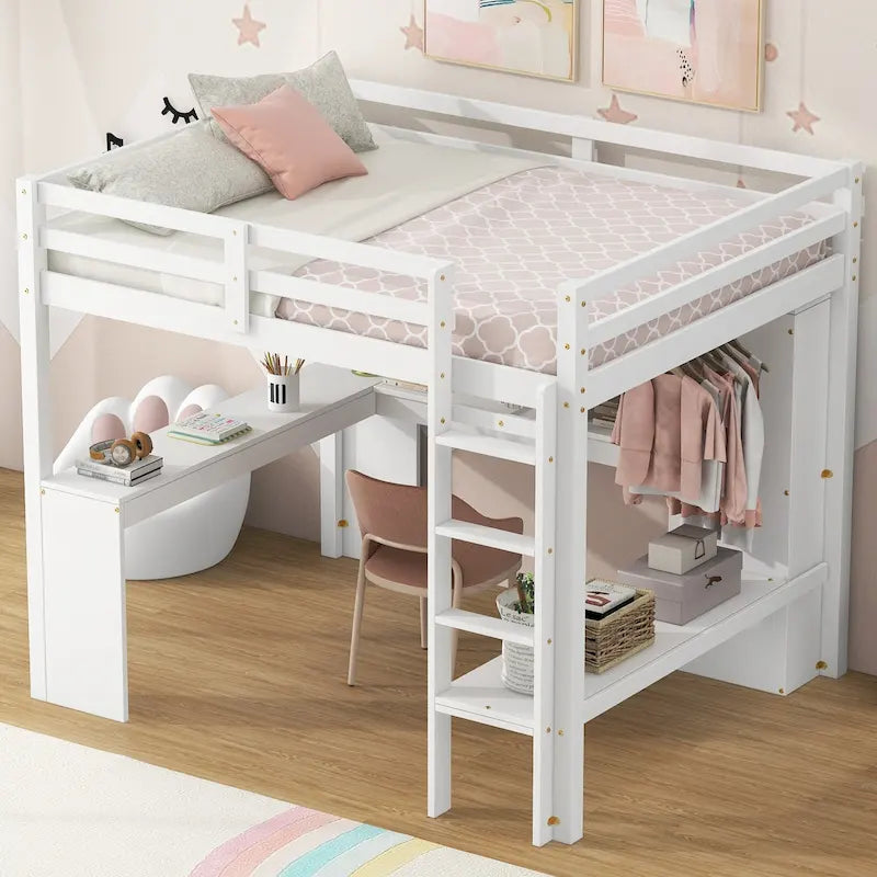 Full Size Loft Bed with L-shaped Desk, Wardrobe and Storage Shelves