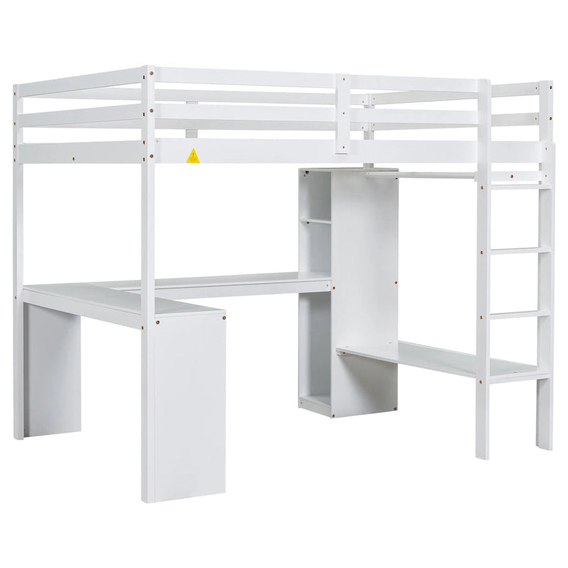 Full Size Loft Bed with L-shaped Desk, Wardrobe and Storage Shelves